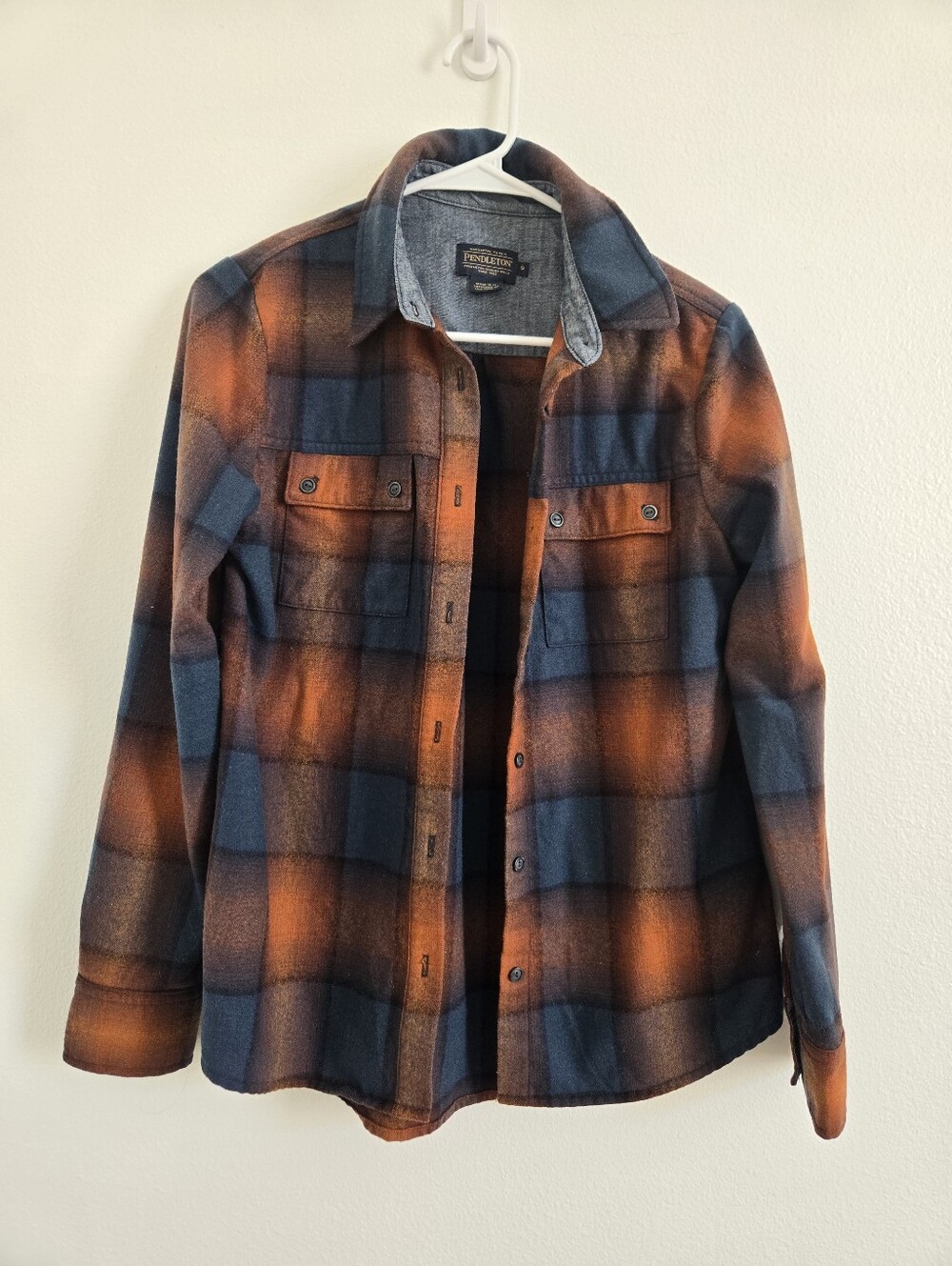 Pendleton Womens Orange & Navy Plaid Wool-Blend Teddy Shirt Sz S